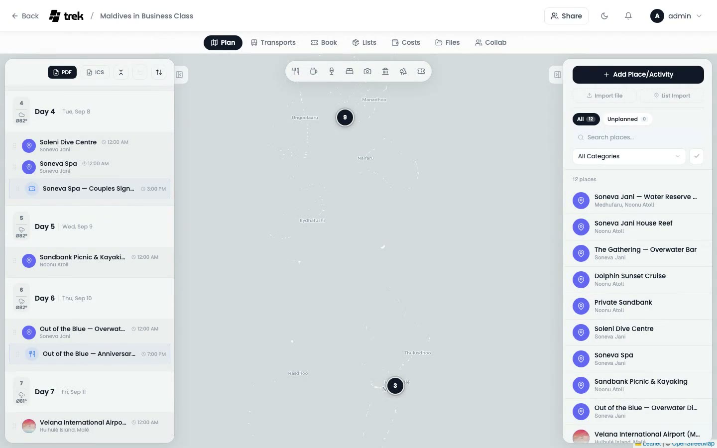 Trek: day-by-day plan and live map for a real Maldives business-class trip